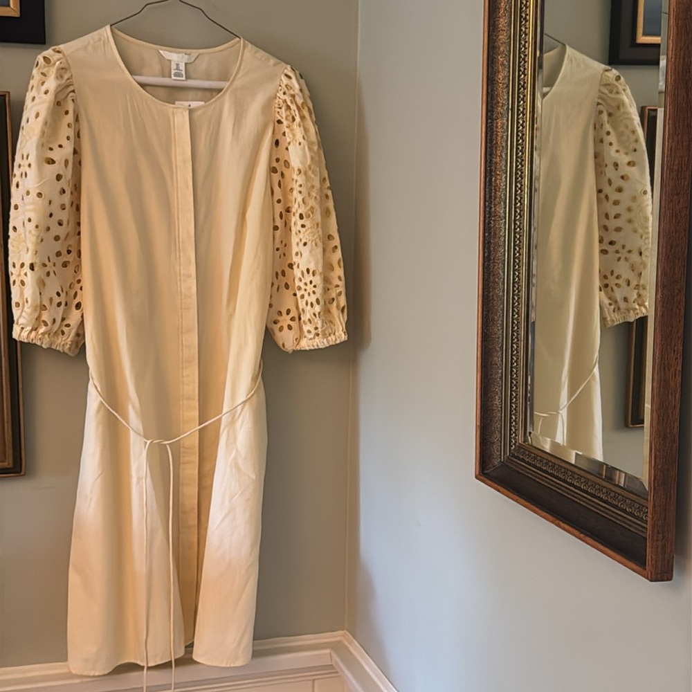 H&M NEW Summer Yellow Elegant Eyelet Dress Size L Embroidered Sleeves - Picture 6 of 9